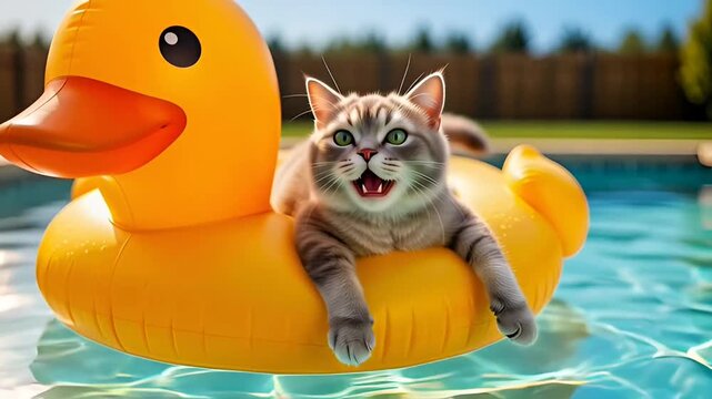A cute, happy tabby cat is lounging on a bright yellow inflatable duck float in a sparkling blue swimming pool on a sunny day, enjoying a leisurely summer swim