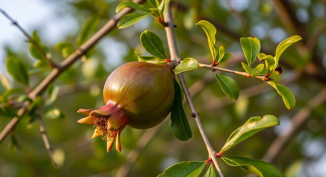 Tiny young Punica granatum fruitlet ripening on a leafy green deciduous tree branch in a sunny Mediterranean garden orchard under natural daylight