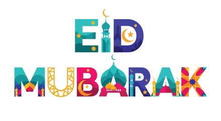 Colorful eid mubarak typography with crescent moon and star decorations