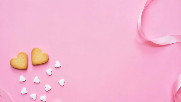 Heart-shaped cookies and small white candy hearts are arranged on a pink background with a soft ribbon. Sweet treats for celebrations.