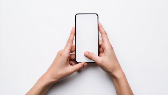 Hands of a person holding a blank smartphone against a white background. Mobile technology concept.