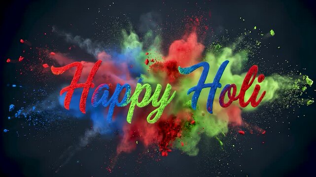 Happy Holi typography with colorful powder dust explosion on black background, visualizing Indian festival celebration, vibrant spring greeting, and dynamic artistic paint texture concept.