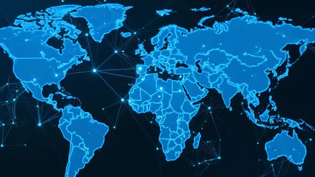 A glowing blue network of interconnected dots and lines overlaid on a blurred map, hinting at global connections. The background is a dark shade