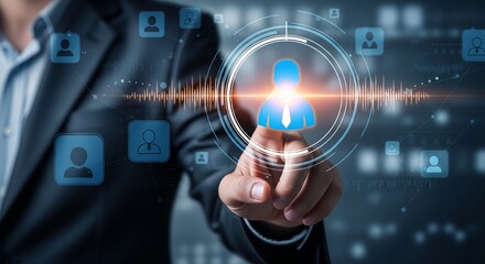 Fototapeta premium Businessman Hand Touching Futuristic Digital Interface with Glowing Human Icon and Network Connections, HR Recruitment and People Management Concept, High-Tech Corporate Strategy Photography