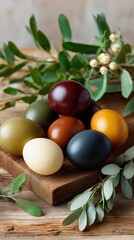 Colorful natural dyed easter eggs on wooden board with green eucalyptus branch. Rustic holiday decoration and spring tradition concept