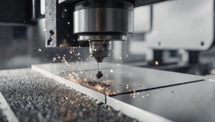 CNC Machining Process Metal Cutting with Sparks and Debris.