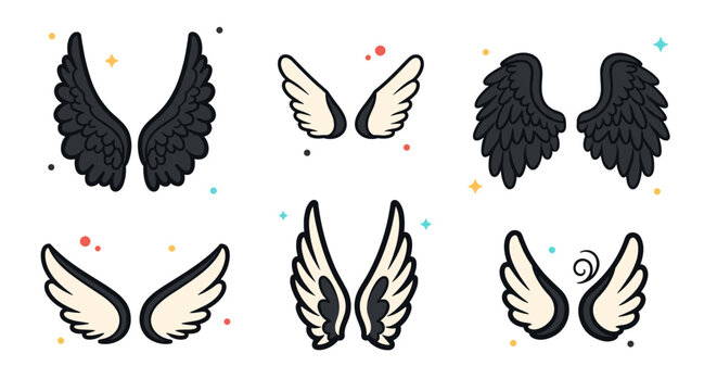 A collection of various wing designs in flat modern vector style, suitable for fantasy and creative projects