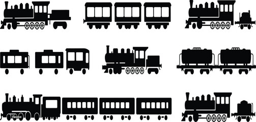 Black, train, silhouette, set, vintage, steam, locomotive, engine, carriage, railway, transportation, icon, vector, illustration, isolated, white, background, retro, cargo, collection © Moyuri