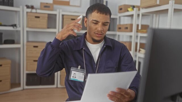 Man detective holds phone to ear while reading a document with visible badge in office building; procedural concern focus.