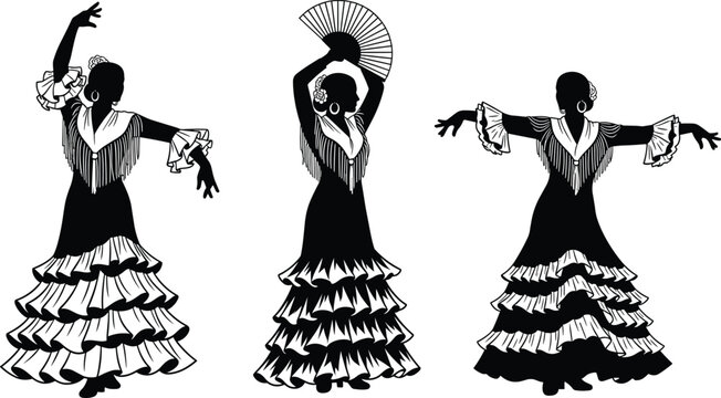 Black and white vector illustration set of elegant Spanish flamenco dancers in traditional ruffled dresses with fans performing expressive cultural dance movements for artistic designs