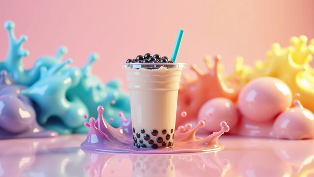 Boba Milk Tea with Tapioca Pearls and Colorful Pastel Liquid Splashes on Pink Background