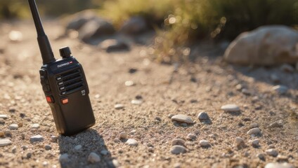 Walkie-talkie on the ground in a natural setting, communication equipment.