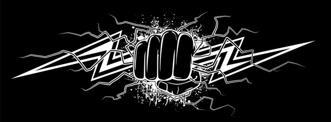 zeus hand fist front view holding lightning bolt rod black and white illustration vector isolated on black background