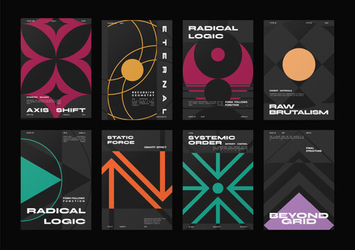Brutalism poster collection.Brutalism poster collection. Geometric minimalist poster bundle. Bauhaus geometric poster set for modern event layouts, bold graphic branding, tech gallery art and covers.