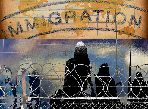 The word immigration on world map and migrants behind barbed wire