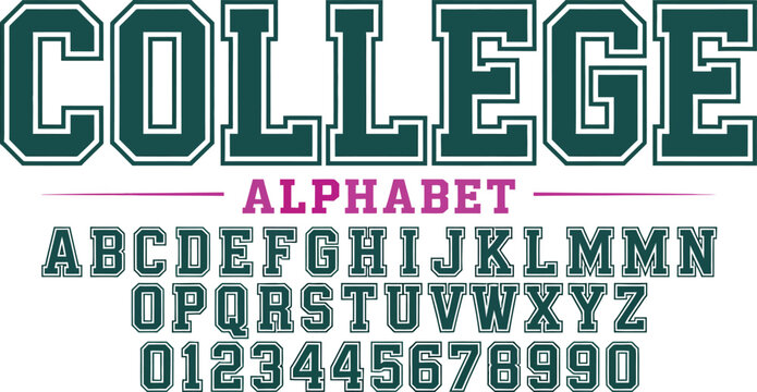 Vintage Green Collegiate Alphabet Vector Set Featuring Slab Serif Block Letters and Numbers for University Varsity and Athletic Apparel Design