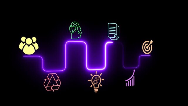 Innovation management strategy concept on the black background. Idea evaluation and organizational learning in research and development. Motion graphics of innovation idea. 4k video animation.