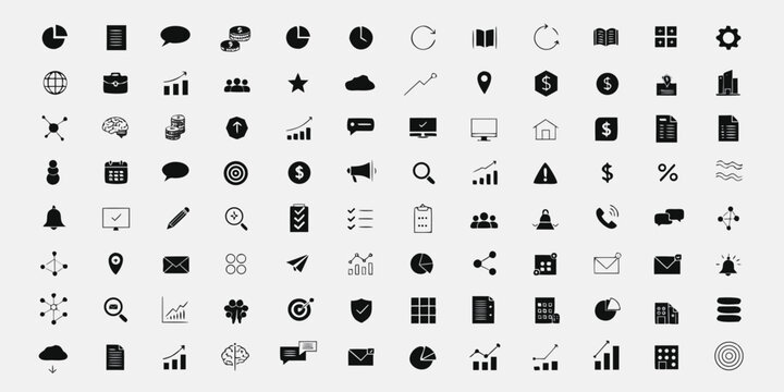 Universal business icon set for marketing finance and data visualization featuring black linear and solid symbols for professional reports presentations and user interface design