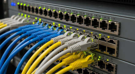 Close-up of high-speed enterprise network switch featuring illuminated fiber optic connector ports and glowing status led indicator lights for data center cloud computing infrastructure system