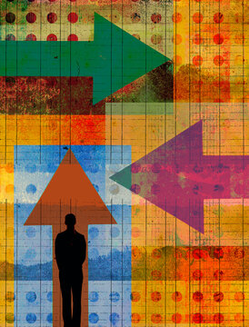 Man contemplating arrows in different directions