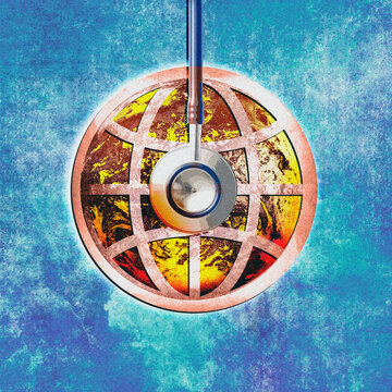 Stethoscope checking health of planet earth and global warming