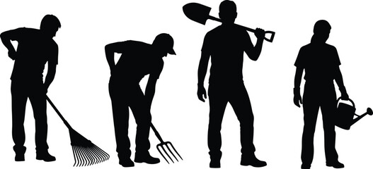Black vector silhouette set of four gardeners and farmers working with tools including a rake pitchfork shovel and watering can for landscaping and agriculture © MostArjuma