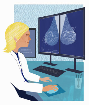 Doctor looking at mammogram scan on screen