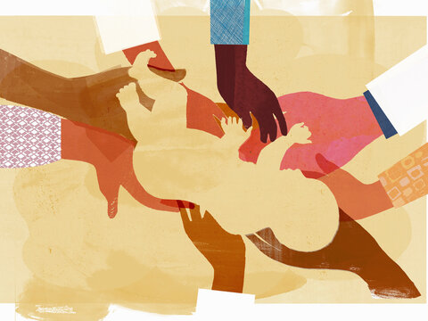 Lots of hands supporting newborn baby