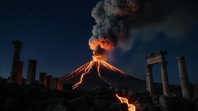 Volcano Erupts at Night Ruins.