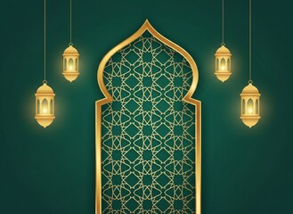 Islamic Arch with Lanterns: Ramadan & Eid Decorative Background with Golden Geometric Patterns