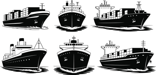 Cargo ship vector illustration set, commercial freight vessel silhouettes, maritime logistics and international sea transport design © MdSayed