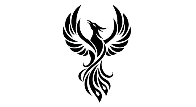 Stylized phoenix illustration soaring with wings outstretched on white