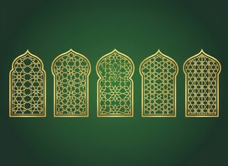 Islamic geometric window patterns golden light mosque architecture design vector background