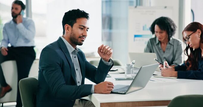 Laptop, thinking and business man in office, typing and planning for financial analysis. Computer, problem solving and analyst in company for investment, review chart and insight while coworking