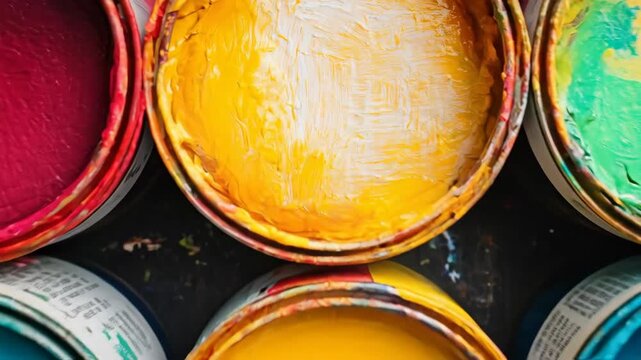 Colorful paint cans showcasing vibrant hues for creative projects.