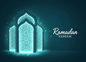 Ramadan Kareem glowing mosque archway with Islamic geometric patterns and light effects