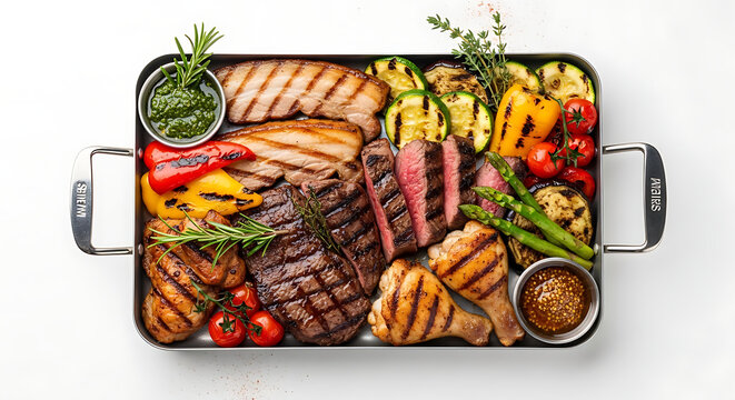 Rustic metal platter showcasing a gourmet selection of charcoal grilled meats like succulent pork beef and tender chicken breast paired with roasted seasonal vegetables in a restaurant setting.