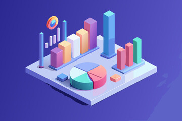 3d isometric business statistics scene with colorful bar and pie charts on tablet