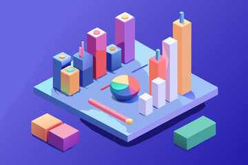 3d isometric business statistics scene with colorful bars and pie chart