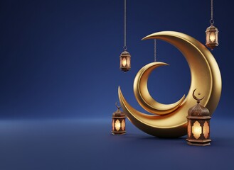 Golden crescent moon with hanging lanterns on blue gradient background minimalist decor