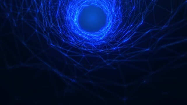 Futuristic blue digital tunnel with glowing network lines and dots forming energy vortex on dark background. Abstract technology flow with depth and motion effect.