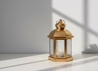 Golden vintage lantern glowing softly on white surface with warm light reflection minimal decor