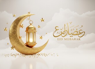 Golden Ramadan lantern glowing under crescent moon with Eid Mubarak greeting in Arabic calligraphy