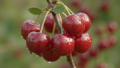 Close-up of red organic cherries growing in the garden