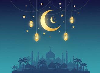 Ramadan moon lanterns glowing over mosque silhouette night sky stars Islamic festival
