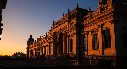 Obraz premium Stunning architectural exterior featuring a glowing facade bathed in warm golden hour sunset light with dramatic long shadows creating a serene mood of calm wonder and tranquil inspiration.