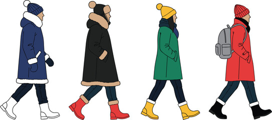 Flat vector illustration of four people walking in colorful winter coats and warm hats featuring parkas boots and a backpack for cold weather © MostArjuma