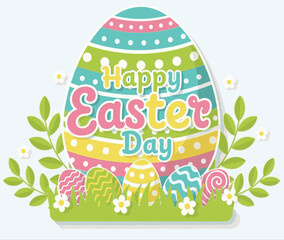 Fototapeta premium Happy Easter Day greeting card with colorful decorated eggs in a spring garden