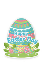 Happy Easter Day greeting card with colorful decorated eggs in a spring garden