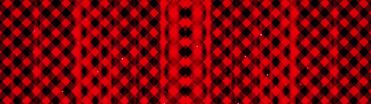 Diagonal Red and Black Plaid Pattern Background with Shimmering Stardust and Soft Bokeh